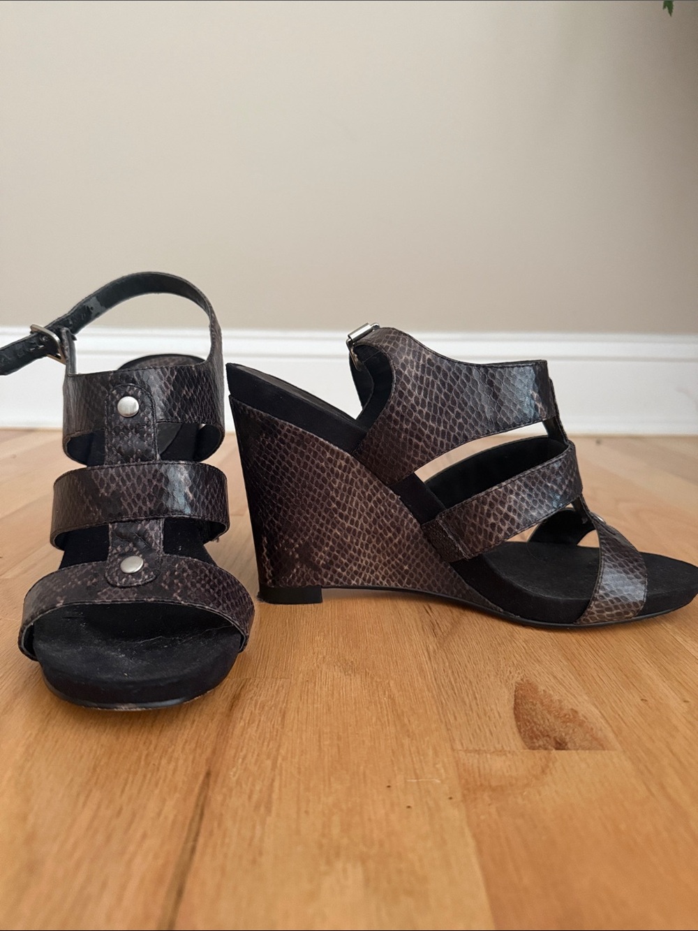 Nine West Dark Brown Snake-Print Wedge Sandals